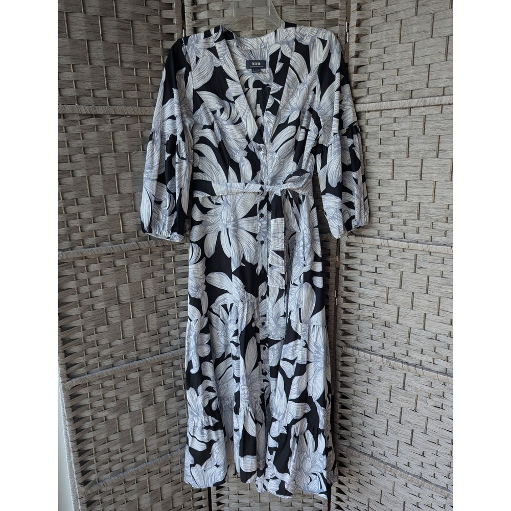 Maeve Anthro Tiered Maxi Dress Black White Floral Puff Sleeve Tie‎ Waist Sz 6
